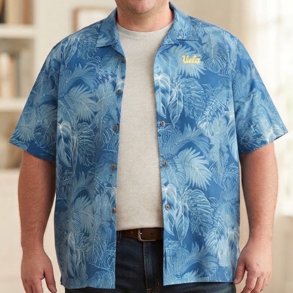 Tommy Bahama UCLA Bruins Mens Large Blue Tropical Palm Leaf Button Down Shirt
